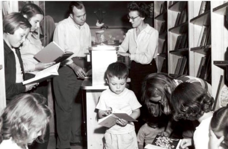 Inside the bookmobile were shelves filled with books, magazines, records, and especially childrens’ books. Image courtesy of the Egg Harbor Historical Society.