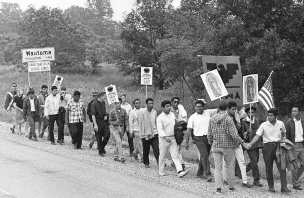 Jesus Salas and members of Obreros Unidos marching from Wautoma to Madison in 1966. Image courtesy of the Wisconsin Historical Society, Image ID: 93386.