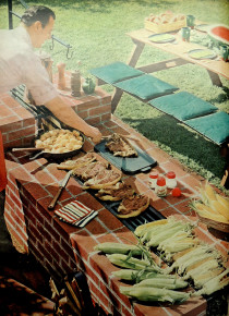 “Fireplace feasts for your own back yard.” Image from Better Homes and Gardens, June 1952, p. 78.