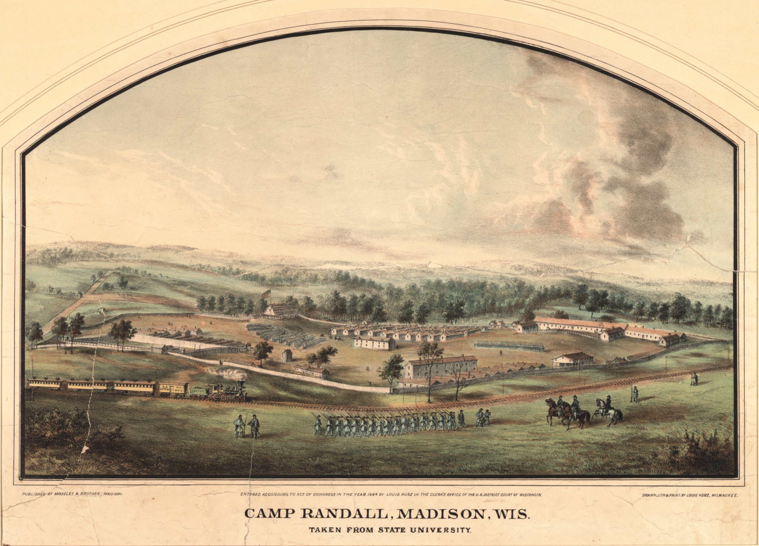 A painting showing Civil War troops practicing at Camp Randall.