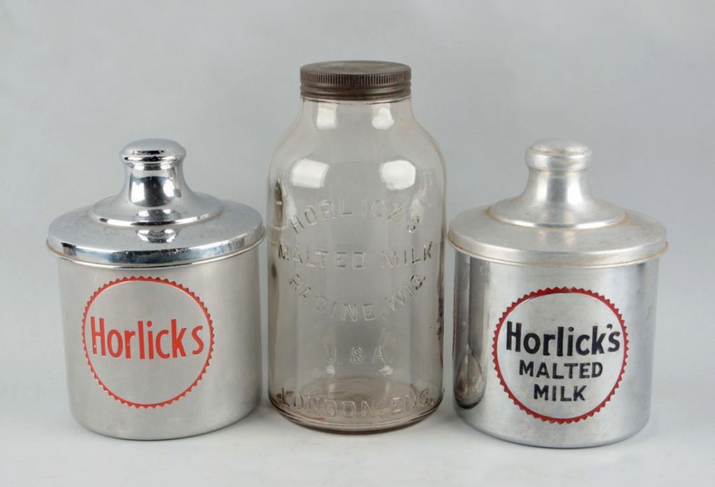 Early Horlick’s Malted Milk containers, c. 1900.