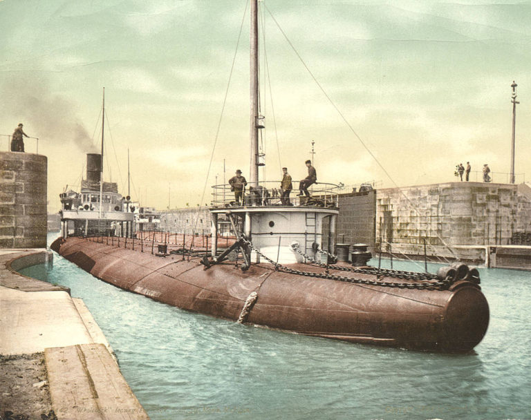 A whaleback ship, the SS Joseph L. Colby, at the Soo Locks between Lake Huron and Lake Superior. Image from wikimedia commons.
