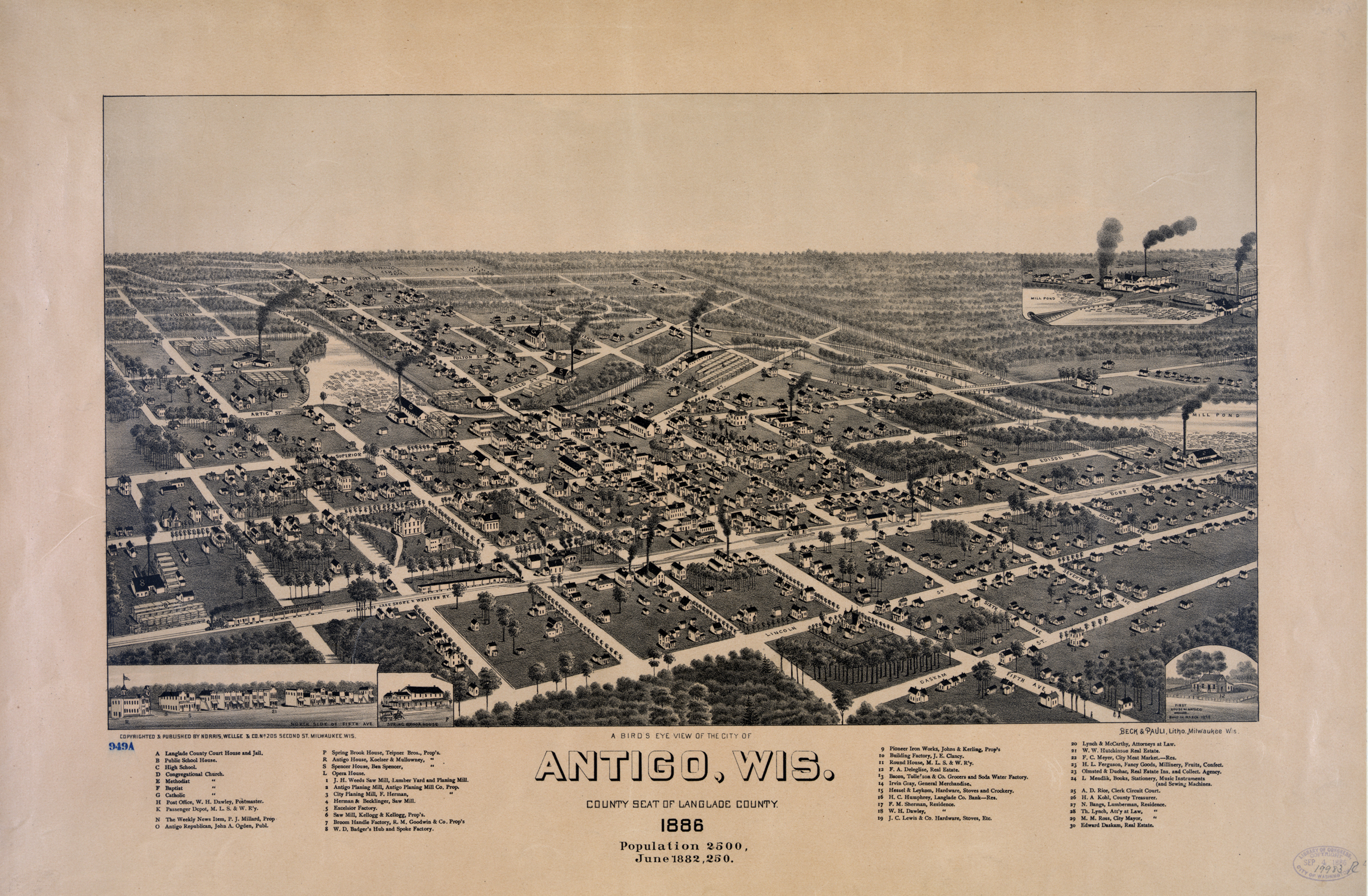 An 1886 bird’s eye view of Antigo, Wisconsin, shows several mills and wood-products manufacturers in town. Click to enlarge.