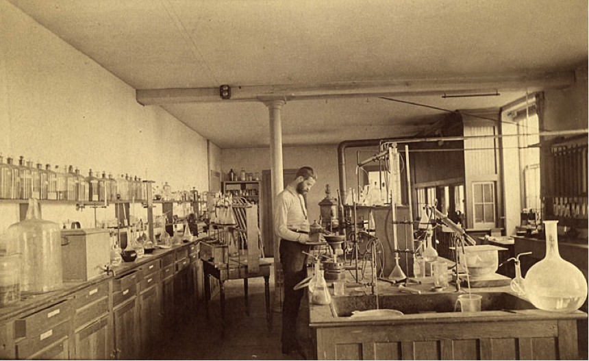 F.G. Short working in the chemistry laboratory of the University of Wisconsin Agricultural Experiment Station, 1885. Courtesy of the University of Wisconsin Archives.
