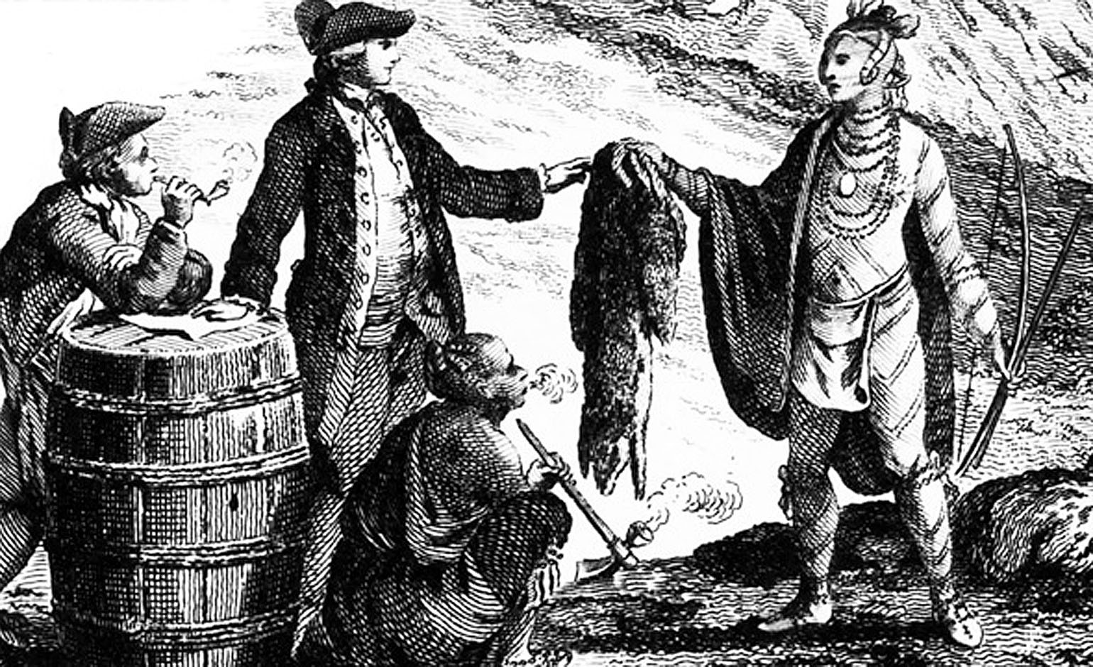 French traders exchanging European goods for furs trapped by Native Americans. Decorative detail from a 1777 map of Canada by William Faden. Courtesy of the Library of Congress, Geography and Map Division.