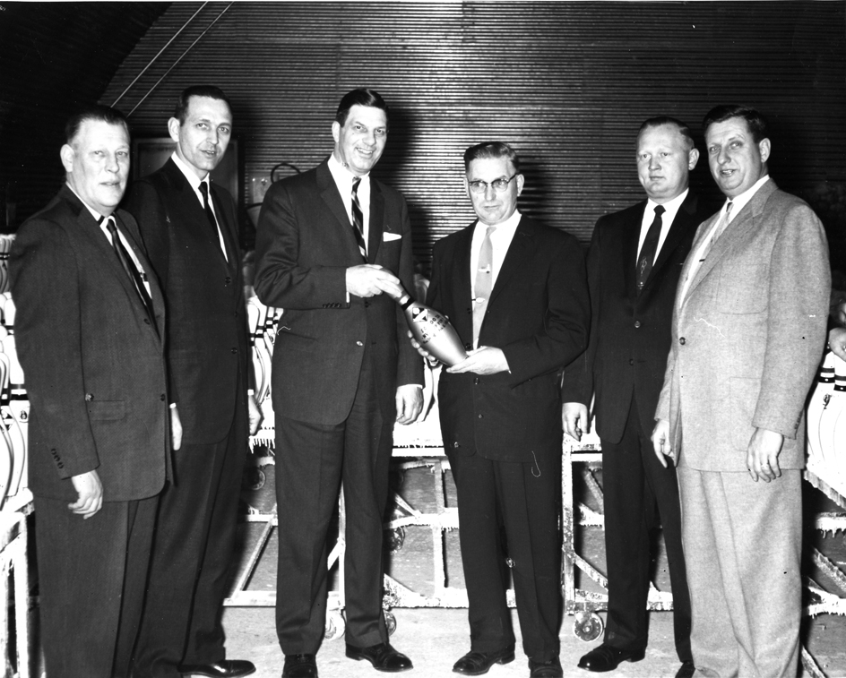 Ten weeks after gaining approval from the American Bowling Congress for their Nyl-Tuf coating procedure, Vulcan held a ceremony commemorating the production of its 50,000th pin, 1959. Photograph courtesy of the Langlade County Historical Society.