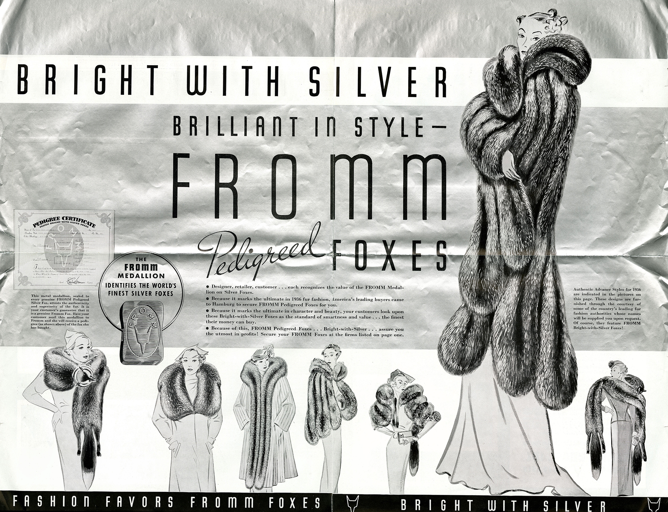 An advertisement for Fromm furs using their “bright with silver” slogan and printed on metallic silver paper, Women’s Wear Daily, March 11, 1936.