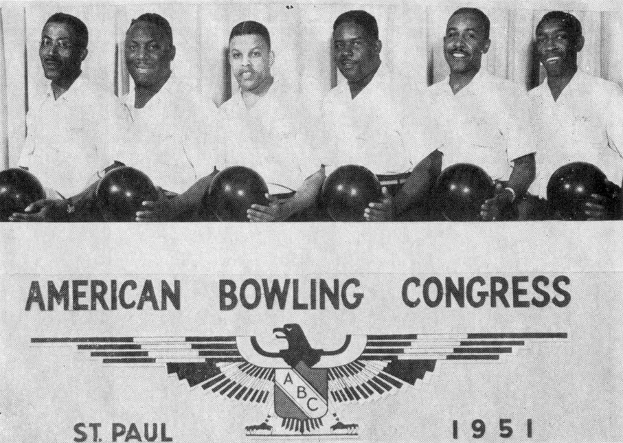 In 1951, Allen Supermarket of Detroit sponsored the first black bowling team to play in an American Bowling Congress tournament. L to R: George Williams, Maurice Kilgore, Lafayette Allen Jr., Lavert Griffin, Bill Rhodman, Clarence Williams Jr. Photographer unknown.