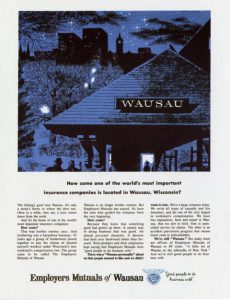 An advertisment for the Wausau-based Employer's Mutual Insurance showing the roof of the Wausau railroad station at night