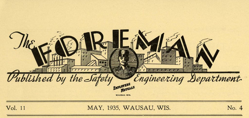 The letterhead from 'The Foreman'. The publication of the title is in Art Deco-inspired letter, and features an image of a cityscape.