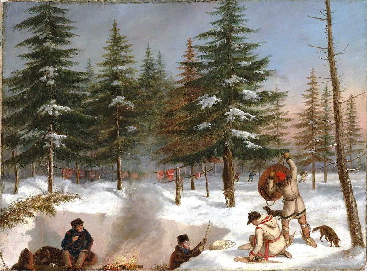 In this painting four men work in a winter hunting camp at twilight, each wearing a point blanket coat