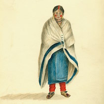 A water color of a Native American woman wearing a while point blanket over her shoulders