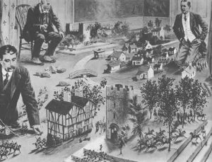 An illustration of H.G. Wells playing a wargame early in the 20th century