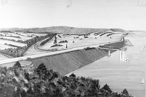 A black and white illustration of the proposed dam project showing the long retaining wall and dam tower with a lake behind the dam wall