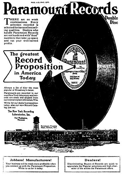Paramount Records double disc advertisement showing a large record moving over the Grafton plant