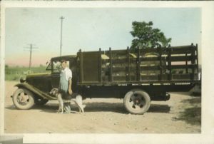 a postcard of a man standing in front of a truck filled with tubs of swiss cheese