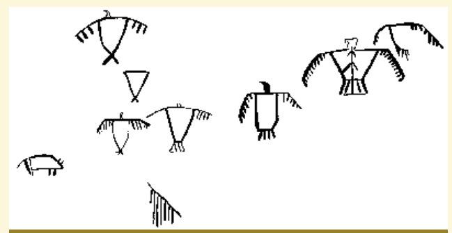 A line drawing of the thunderbird figures found on the cliff face in the preceding image.