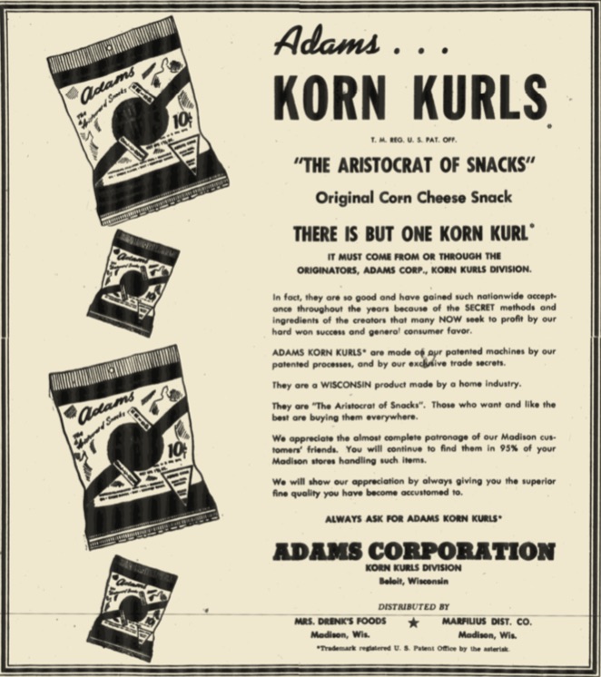 Advertisement for Adams Korn Kurls from 1949