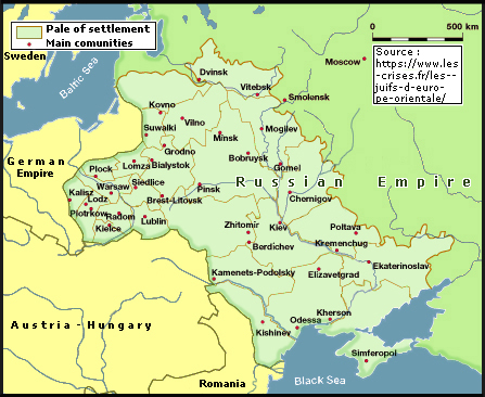 Map showing Jewish settlements in the Pale of Settlement region of Russian Empire