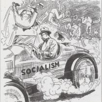 Political Cartoon showing Victor Berger running over opponents in a car labeled Socialism after his 1919 election victory