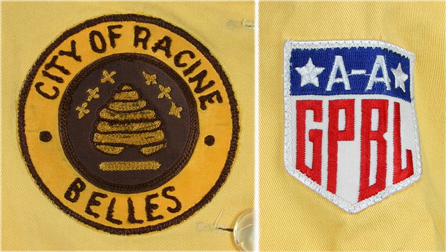 Close up of the Patches from the Costume. One depicts the City of Racine seal, and one has the AAGPBL Logo.