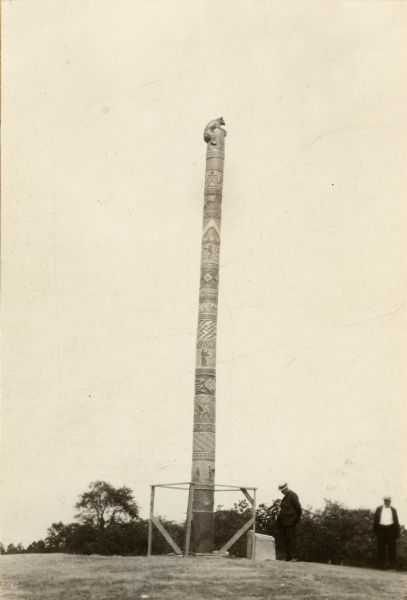 A totem pole erected in 1927 in honor of the aboriginal inhabitants of Wisconsin in Peninsula State Park