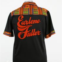 Black Bowling shirt with red letters reading "Earlene Fuller" featuring kente cloth pattern.