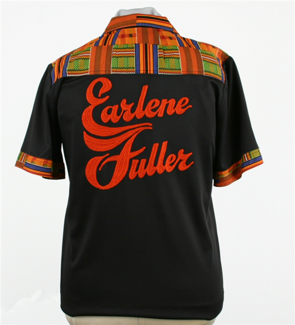 Earlene Fuller's bowling shirt - back, c. 1995. It reads 