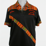 Black Bowling shirt with a kente cloth patterned stripe.