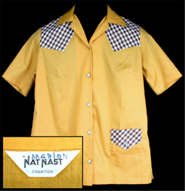 Front of Yellow Bowling Shirt Costume with Tag displayed. Tag reads 