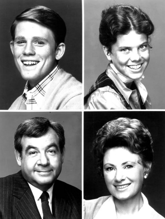 Photo of the Cunningham family from the television program Happy Days. Top,from left: Ron Howard (Richie Cunningham), Erin Moran (Joanie Cunningham). Bottom, from left: Tom Bosley (Howard Cunningham), Marion Ross (Marion Cunningham).