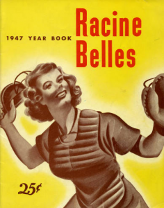 Yellow cover of 1947 Racine Belles Yearbook. Catcher featured. 