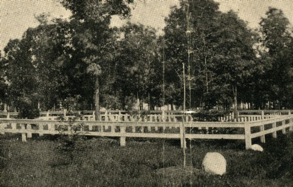 Photograph of Forest Hill Cemetery in Madison, the resting place of Confederate soldiers who died at Camp Randall. Photograph taken prior to 1898. Wisconsin Historical Society ID: 57932.