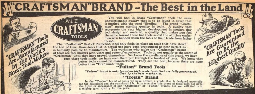 Craftsman Tools advertisement from the Fall/Winter 1927 Sears, Roebuck & Co. catalog.