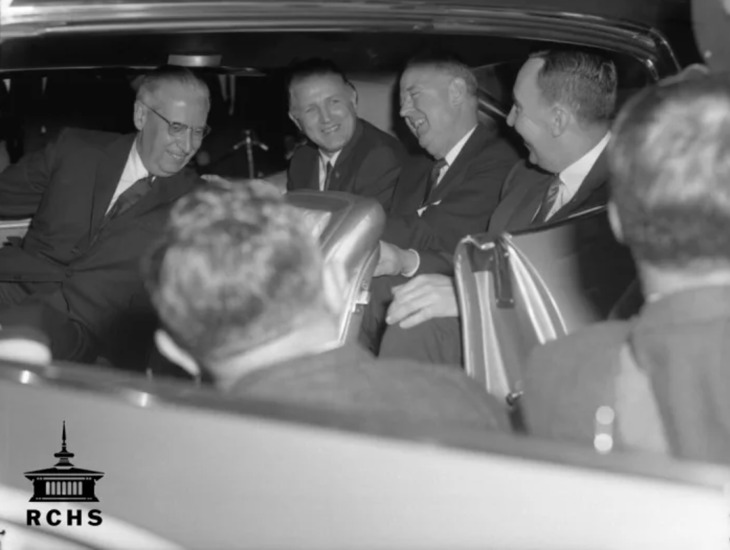 Photographed in the car are (left to right) GM President James M. Roche, Wisconsin Lt. Gov. Jack Olson, Fisher Plant Manager W.C. Davey and Chevrolet Plant Manager Emmett Adams. Photograph from the Rock County Historical Society.