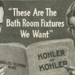 A illustrated ad from the Saturday Evening Post, 1916, featuring a man and woman looking at a Kohler Enameled Plumbing Ware catalog with the text "These are the Bathroom Fixtures We Want."