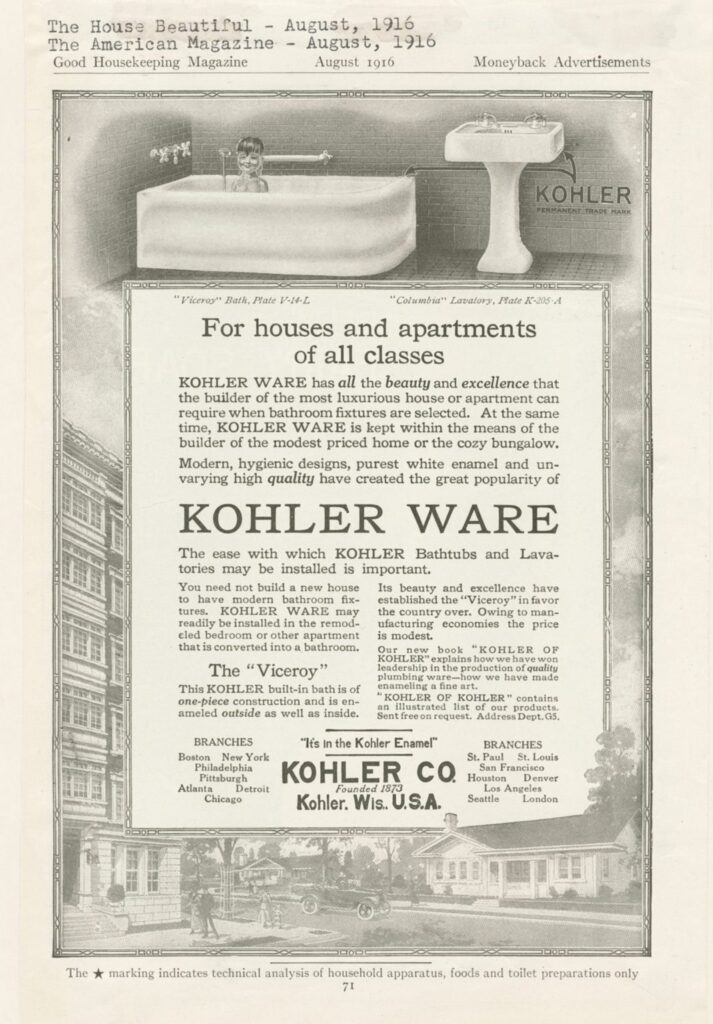 An illustrated advertisement for Kohler Ware featuring images of a child in a bathtub next to a sink, and a fantastical street scene with both suburban single-family homes and a high-rise apartment building.