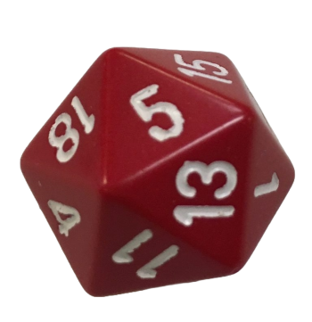 A twenty-sided dice in red and white, featuring numbers on each face.