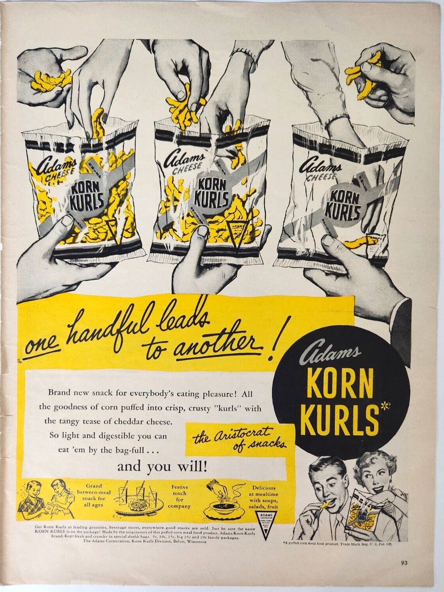 A 1950 advertisement in black, white, and yellow for Adams Korn Kurls with the text, “One handful leads to another!”