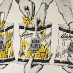 A 1950 advertisement in black, white, and yellow for Adams Korn Kurls with three hands reaching into clear plastic Korn Kurls bags.