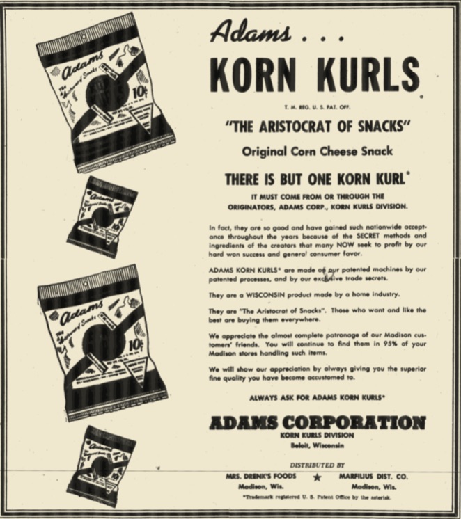 A black and white advertisement for Adams Korn Kurls “The Aristocrat of Snacks”