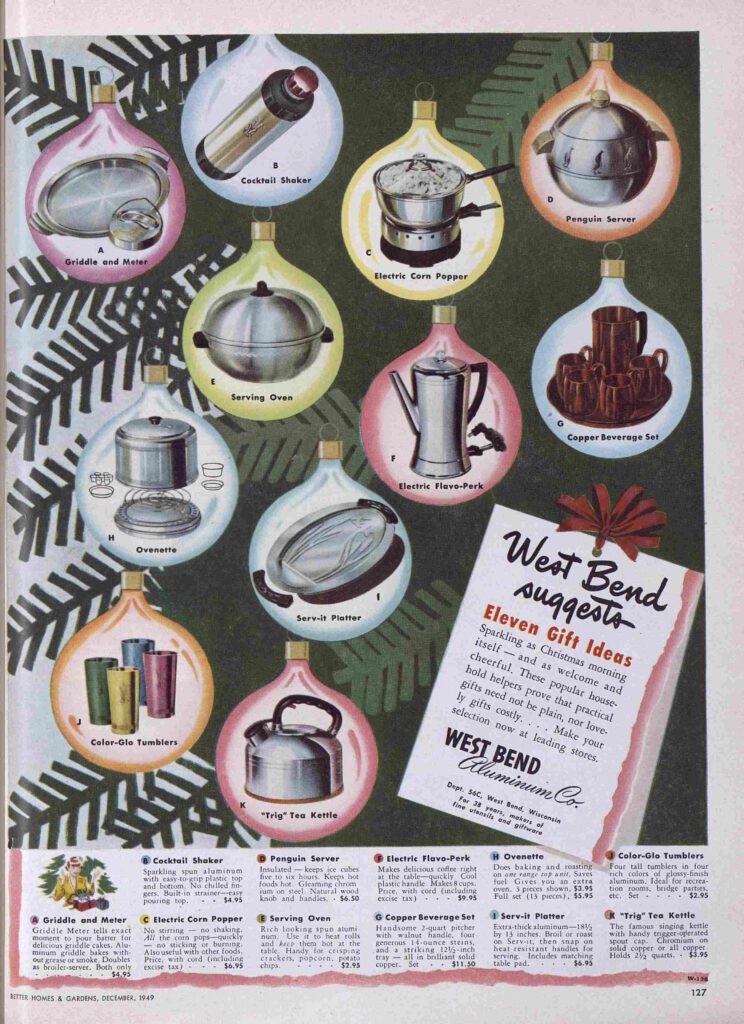 A holiday advertisement for West Bend Aluminum Company, featuring illustrations of the company's products on Christmas tree baubles.