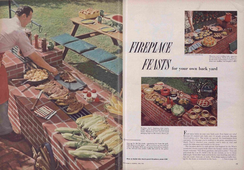 Two-page spread from Better Homes & Gardens. On the left page is a photograph of a man at an outdoor barbecue with steaks and corn on a grill as well as a cast iron pan with potatoes. A picnic table is set for dinner in the background.