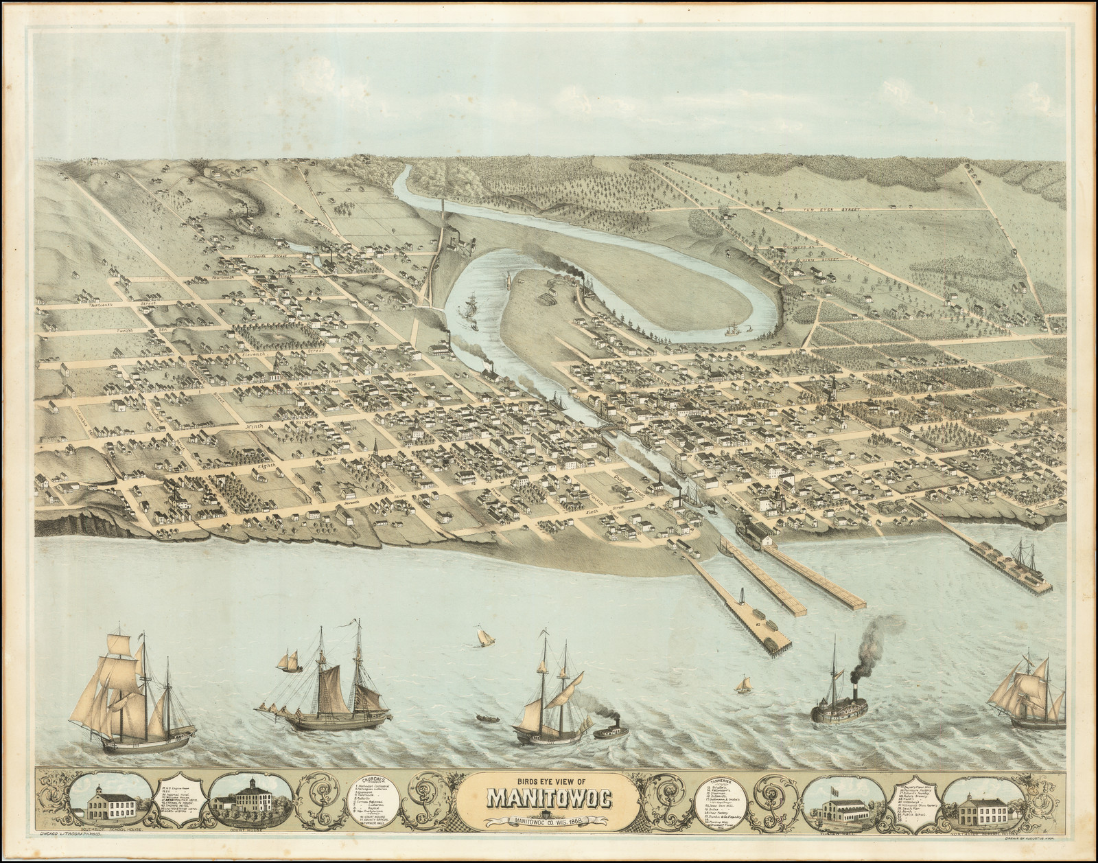 A drawn color map of the City of Manitowoc from Lake Michigan. Many different types of boats are in the foreground, and the gridded city streets are arranged on either side of the winding Manitowoc River.