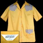 Front of the yellow bowling shirt Costume from "Happy Days." Inside tag reads "Nat Nast" and has the character "Marion" written on it.