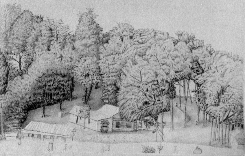 An illustration of a farmstead, with a log house at the center, a lean-to, and a privy, in a wooded setting.