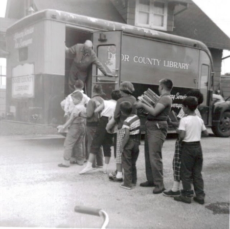 Students in line for the book mobile
