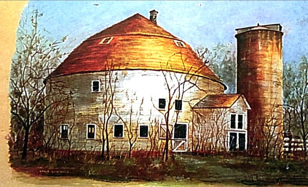 Watercolor painting of a round barn and silo.