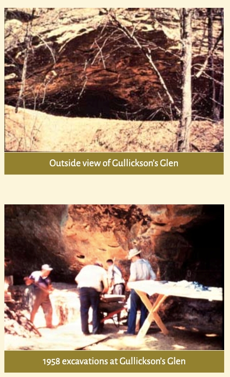 Two photographs. The top one shows the exterior of a cave at Gullickson's Glen, and the bottom shows an archaeological team working in the cave.