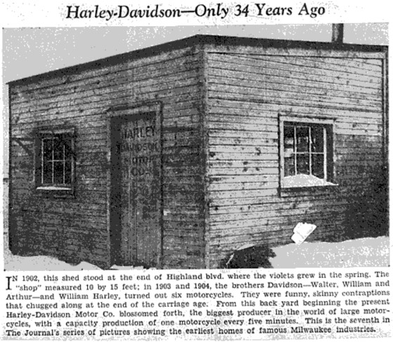 An image from a newspaper of a small shed, title reads, "Harley-Davidson--Only 34 Years Ago"